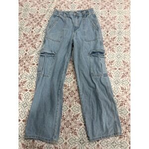 Wax Jean Collection Light Wash Wide Leg Cargo Pants Blue Denim Utility Womens